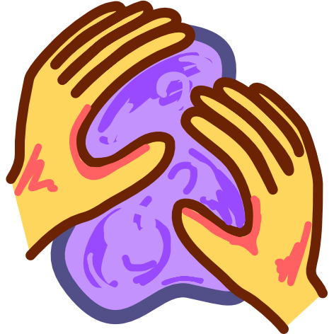 Two yellow hands mold an amorphous purple shape. The image has dark line art. 